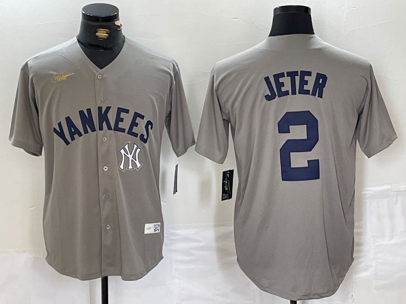 Men New York Yankees #2 Jeter Grey Throwback Nike Game 2024 MLB Jersey style 12